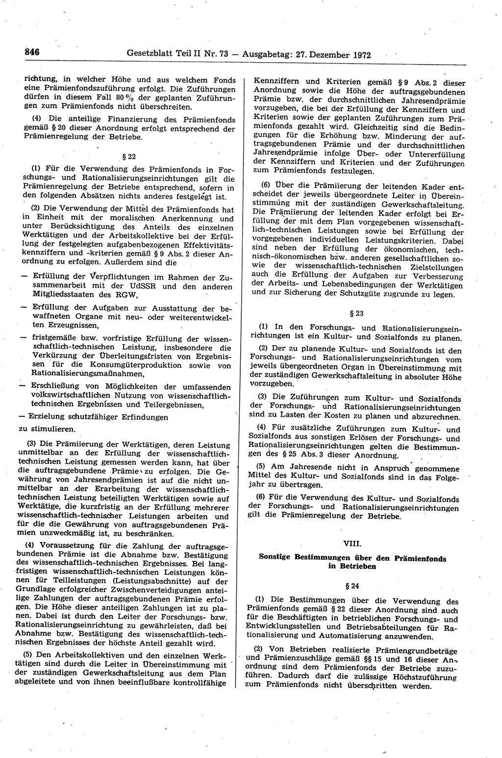 Gesetzblatt (GBl.) der Deutschen Demokratischen Republik (DDR) Teil ⅠⅠ 1972, Seite 846 (GBl. DDR ⅠⅠ 1972, S. 846)