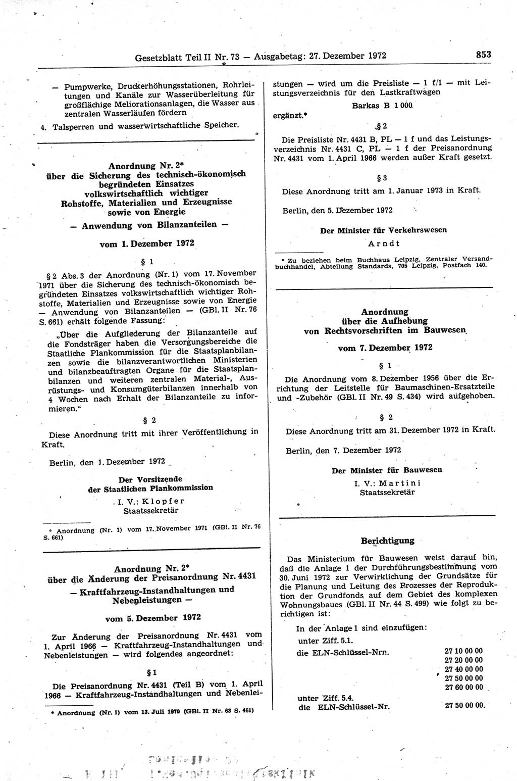 Gesetzblatt (GBl.) der Deutschen Demokratischen Republik (DDR) Teil ⅠⅠ 1972, Seite 853 (GBl. DDR ⅠⅠ 1972, S. 853)