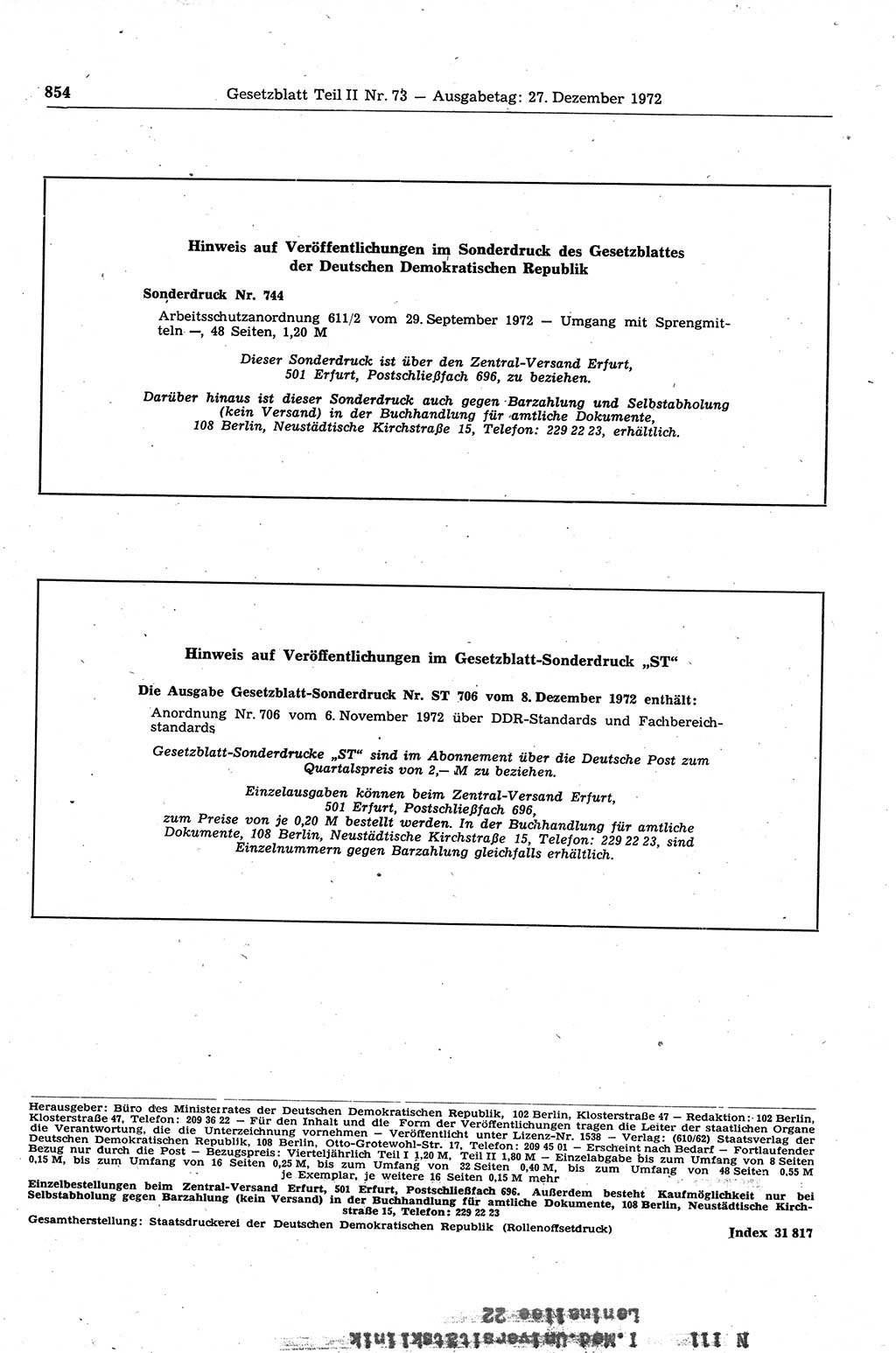 Gesetzblatt (GBl.) der Deutschen Demokratischen Republik (DDR) Teil ⅠⅠ 1972, Seite 854 (GBl. DDR ⅠⅠ 1972, S. 854)