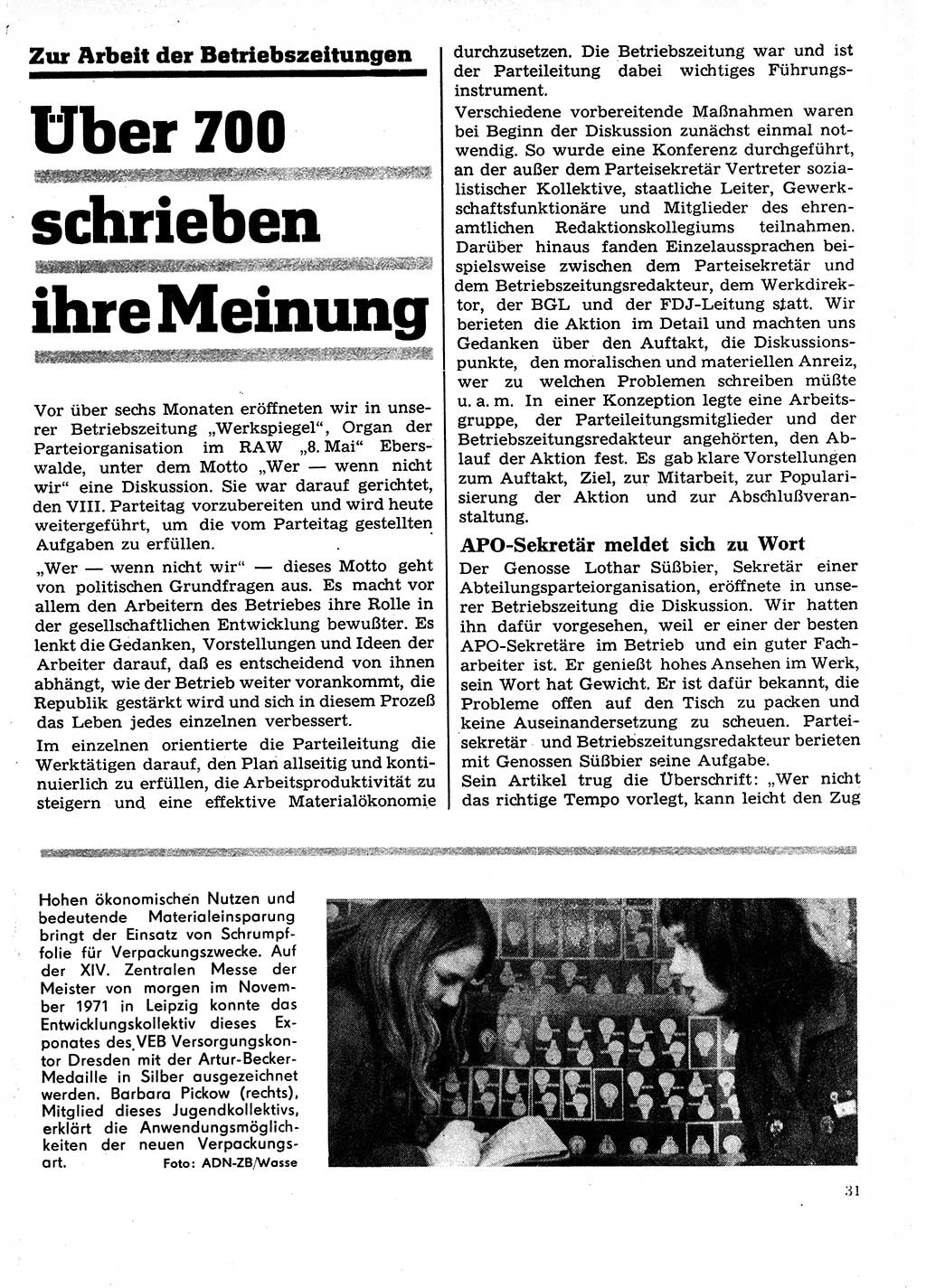 Neuer Weg (NW), Organ des Zentralkomitees (ZK) der SED (Sozialistische Einheitspartei Deutschlands) für Fragen des Parteilebens, 27. Jahrgang [Deutsche Demokratische Republik (DDR)] 1972, Seite 31 (NW ZK SED DDR 1972, S. 31)