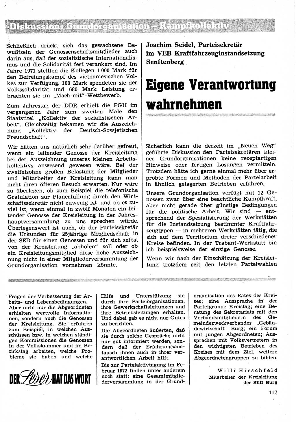 Neuer Weg (NW), Organ des Zentralkomitees (ZK) der SED (Sozialistische Einheitspartei Deutschlands) für Fragen des Parteilebens, 27. Jahrgang [Deutsche Demokratische Republik (DDR)] 1972, Seite 117 (NW ZK SED DDR 1972, S. 117)