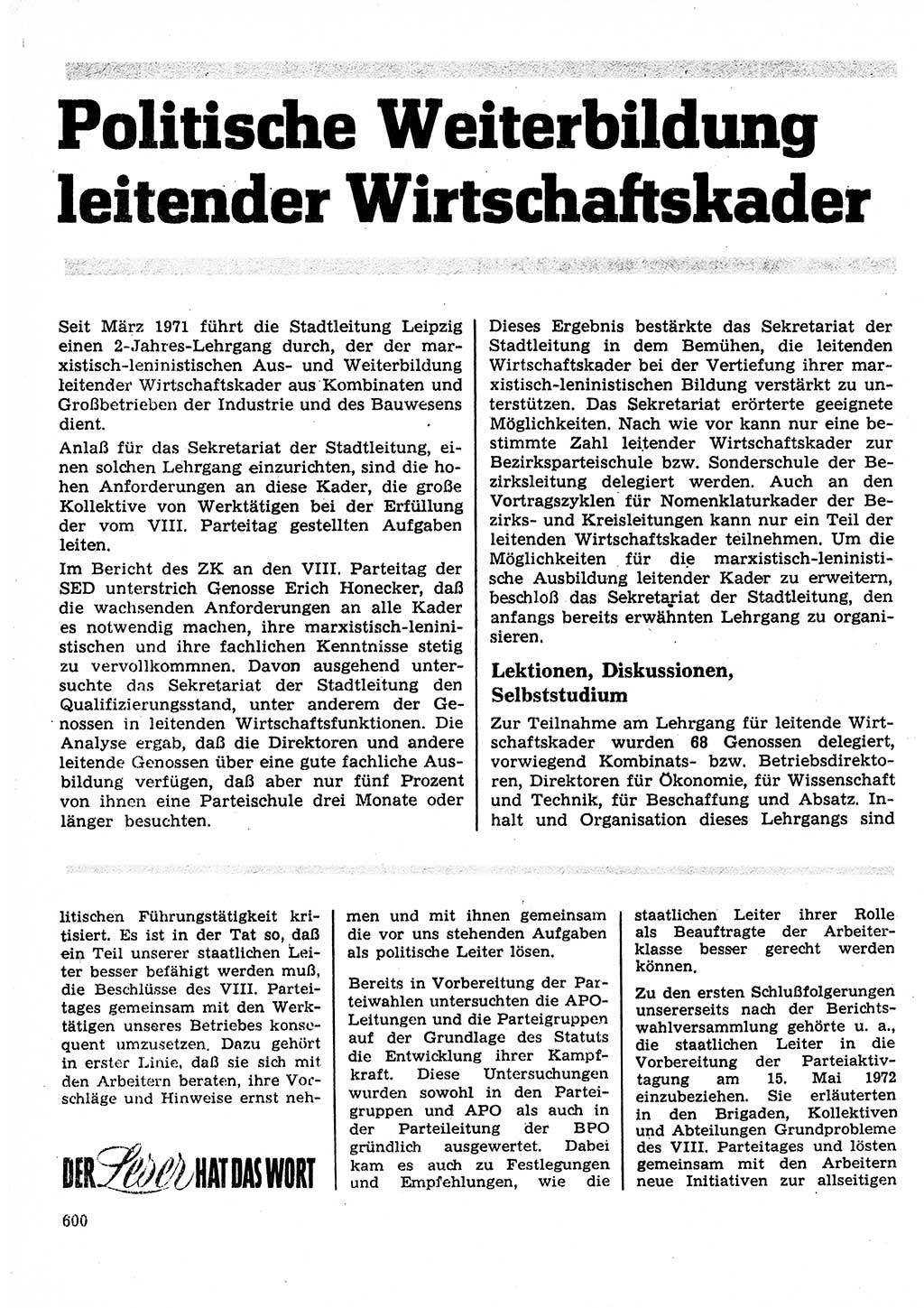 Neuer Weg (NW), Organ des Zentralkomitees (ZK) der SED (Sozialistische Einheitspartei Deutschlands) für Fragen des Parteilebens, 27. Jahrgang [Deutsche Demokratische Republik (DDR)] 1972, Seite 600 (NW ZK SED DDR 1972, S. 600)