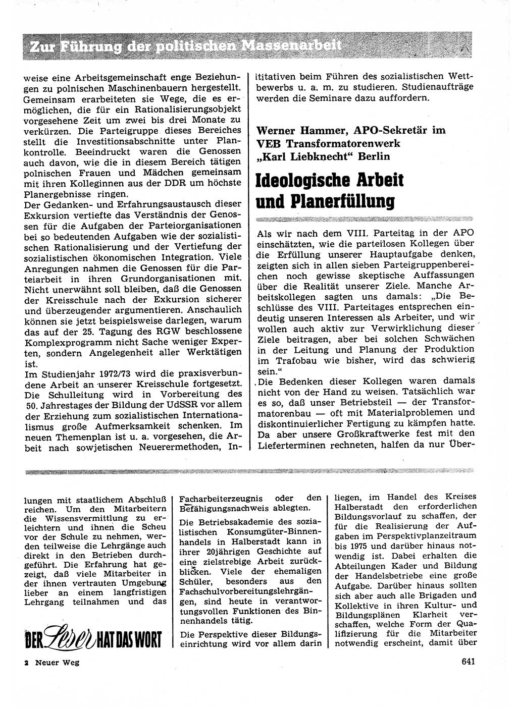 Neuer Weg (NW), Organ des Zentralkomitees (ZK) der SED (Sozialistische Einheitspartei Deutschlands) für Fragen des Parteilebens, 27. Jahrgang [Deutsche Demokratische Republik (DDR)] 1972, Seite 641 (NW ZK SED DDR 1972, S. 641)