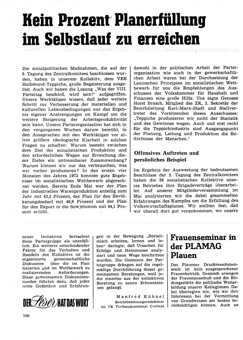 Neuer Weg (NW), Organ des Zentralkomitees (ZK) der SED (Sozialistische Einheitspartei Deutschlands) für Fragen des Parteilebens, 27. Jahrgang [Deutsche Demokratische Republik (DDR)] 1972, Seite 706 (NW ZK SED DDR 1972, S. 706)