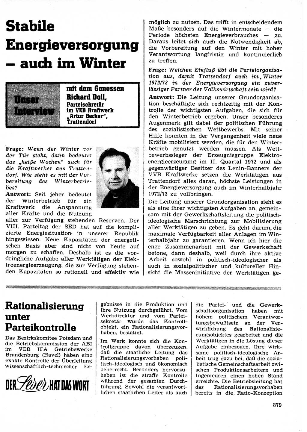 Neuer Weg (NW), Organ des Zentralkomitees (ZK) der SED (Sozialistische Einheitspartei Deutschlands) für Fragen des Parteilebens, 27. Jahrgang [Deutsche Demokratische Republik (DDR)] 1972, Seite 879 (NW ZK SED DDR 1972, S. 879)