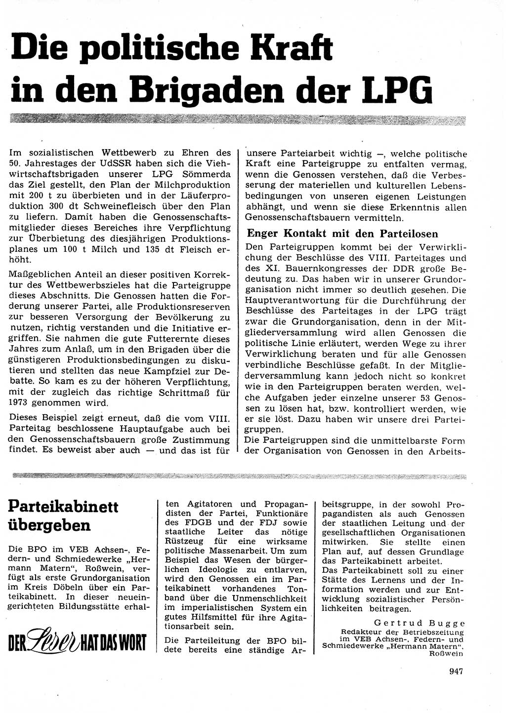 Neuer Weg (NW), Organ des Zentralkomitees (ZK) der SED (Sozialistische Einheitspartei Deutschlands) für Fragen des Parteilebens, 27. Jahrgang [Deutsche Demokratische Republik (DDR)] 1972, Seite 947 (NW ZK SED DDR 1972, S. 947)