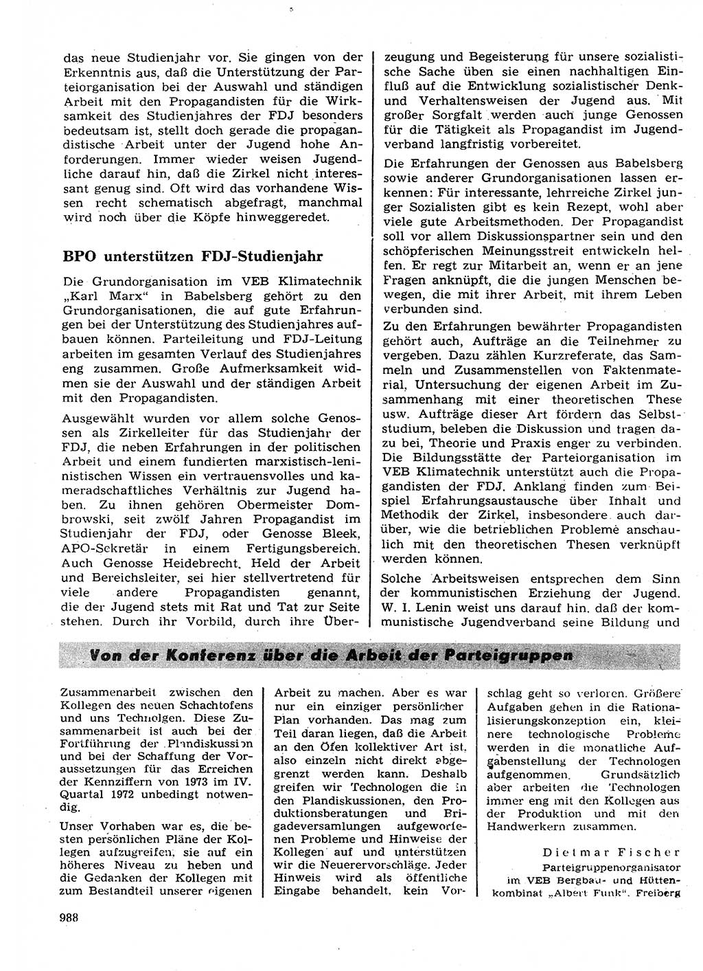 Neuer Weg (NW), Organ des Zentralkomitees (ZK) der SED (Sozialistische Einheitspartei Deutschlands) für Fragen des Parteilebens, 27. Jahrgang [Deutsche Demokratische Republik (DDR)] 1972, Seite 988 (NW ZK SED DDR 1972, S. 988)