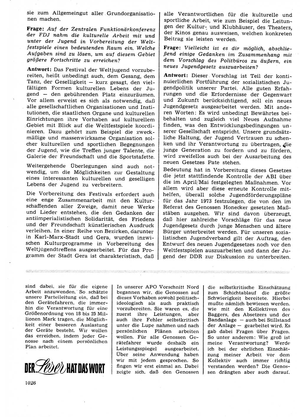 Neuer Weg (NW), Organ des Zentralkomitees (ZK) der SED (Sozialistische Einheitspartei Deutschlands) für Fragen des Parteilebens, 27. Jahrgang [Deutsche Demokratische Republik (DDR)] 1972, Seite 1026 (NW ZK SED DDR 1972, S. 1026)