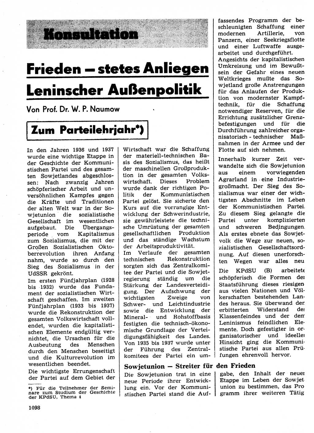 Neuer Weg (NW), Organ des Zentralkomitees (ZK) der SED (Sozialistische Einheitspartei Deutschlands) für Fragen des Parteilebens, 27. Jahrgang [Deutsche Demokratische Republik (DDR)] 1972, Seite 1098 (NW ZK SED DDR 1972, S. 1098)