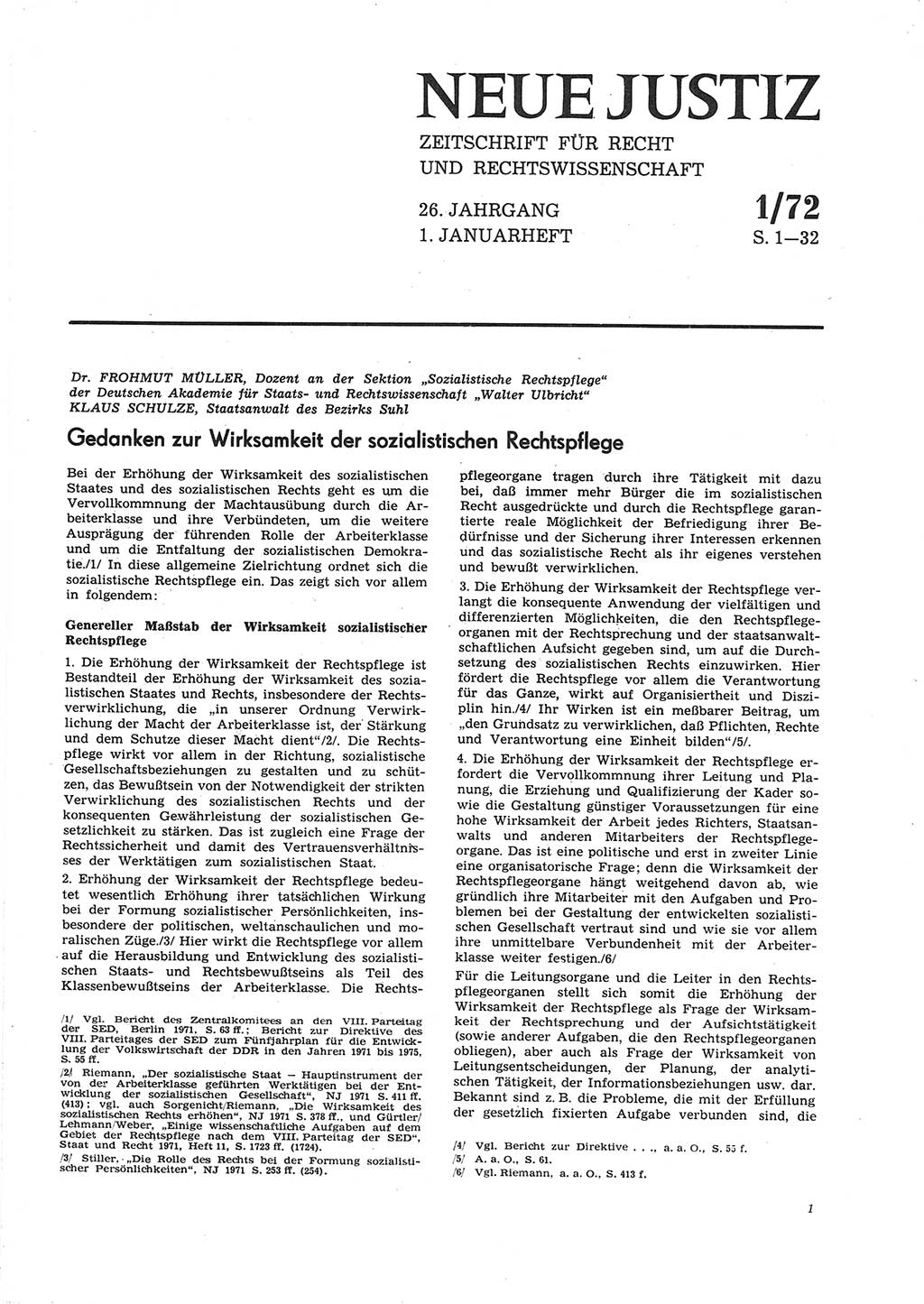 Neue Justiz (NJ), Zeitschrift für Recht und Rechtswissenschaft [Deutsche Demokratische Republik (DDR)], 26. Jahrgang 1972, Seite 1 (NJ DDR 1972, S. 1)