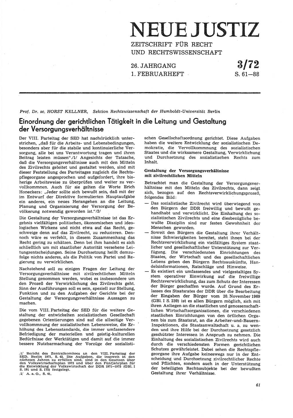 Neue Justiz (NJ), Zeitschrift für Recht und Rechtswissenschaft [Deutsche Demokratische Republik (DDR)], 26. Jahrgang 1972, Seite 61 (NJ DDR 1972, S. 61)