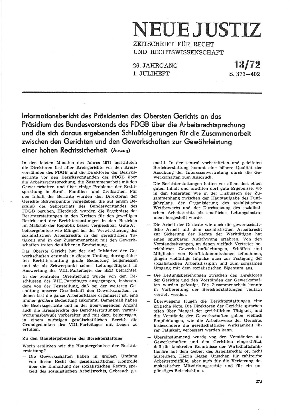 Neue Justiz (NJ), Zeitschrift für Recht und Rechtswissenschaft [Deutsche Demokratische Republik (DDR)], 26. Jahrgang 1972, Seite 373 (NJ DDR 1972, S. 373)