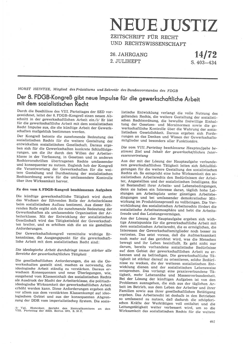 Neue Justiz (NJ), Zeitschrift für Recht und Rechtswissenschaft [Deutsche Demokratische Republik (DDR)], 26. Jahrgang 1972, Seite 403 (NJ DDR 1972, S. 403)