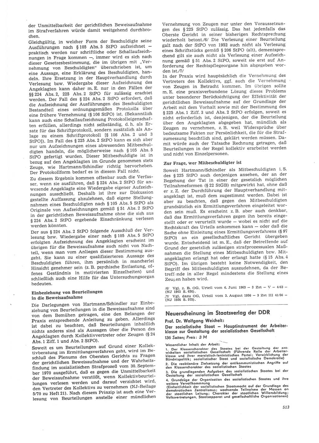 Neue Justiz (NJ), Zeitschrift für Recht und Rechtswissenschaft [Deutsche Demokratische Republik (DDR)], 26. Jahrgang 1972, Seite 513 (NJ DDR 1972, S. 513)