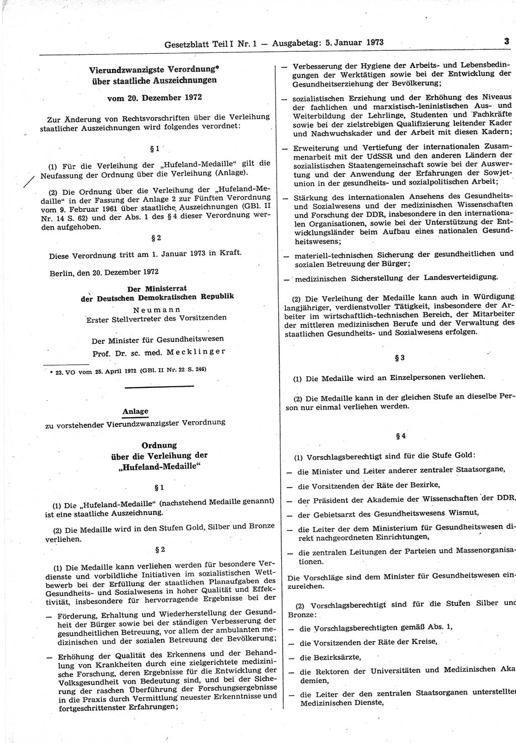 Gesetzblatt (GBl.) der Deutschen Demokratischen Republik (DDR) Teil Ⅰ 1973, Seite 3 (GBl. DDR Ⅰ 1973, S. 3)