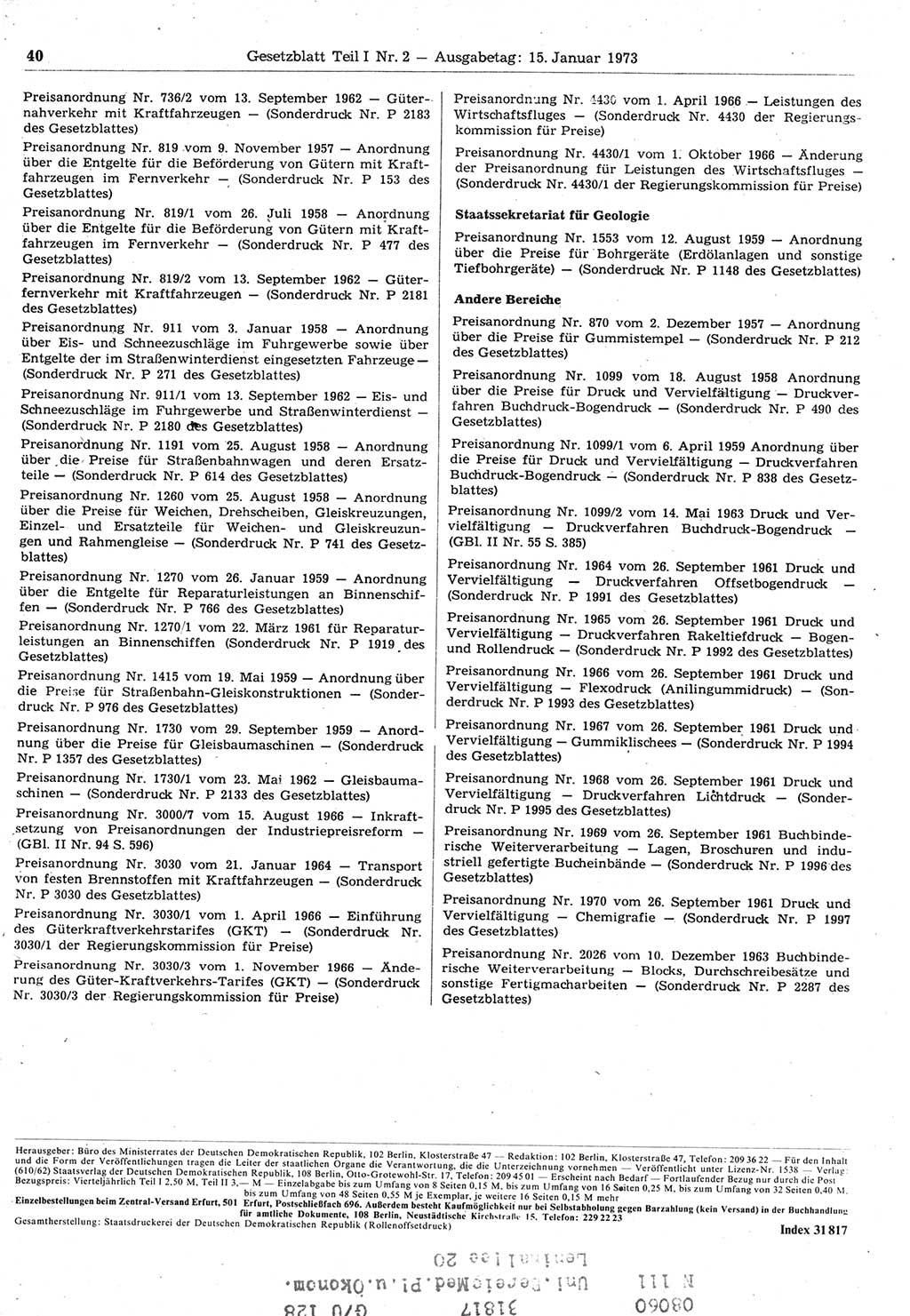 Gesetzblatt (GBl.) der Deutschen Demokratischen Republik (DDR) Teil Ⅰ 1973, Seite 40 (GBl. DDR Ⅰ 1973, S. 40)