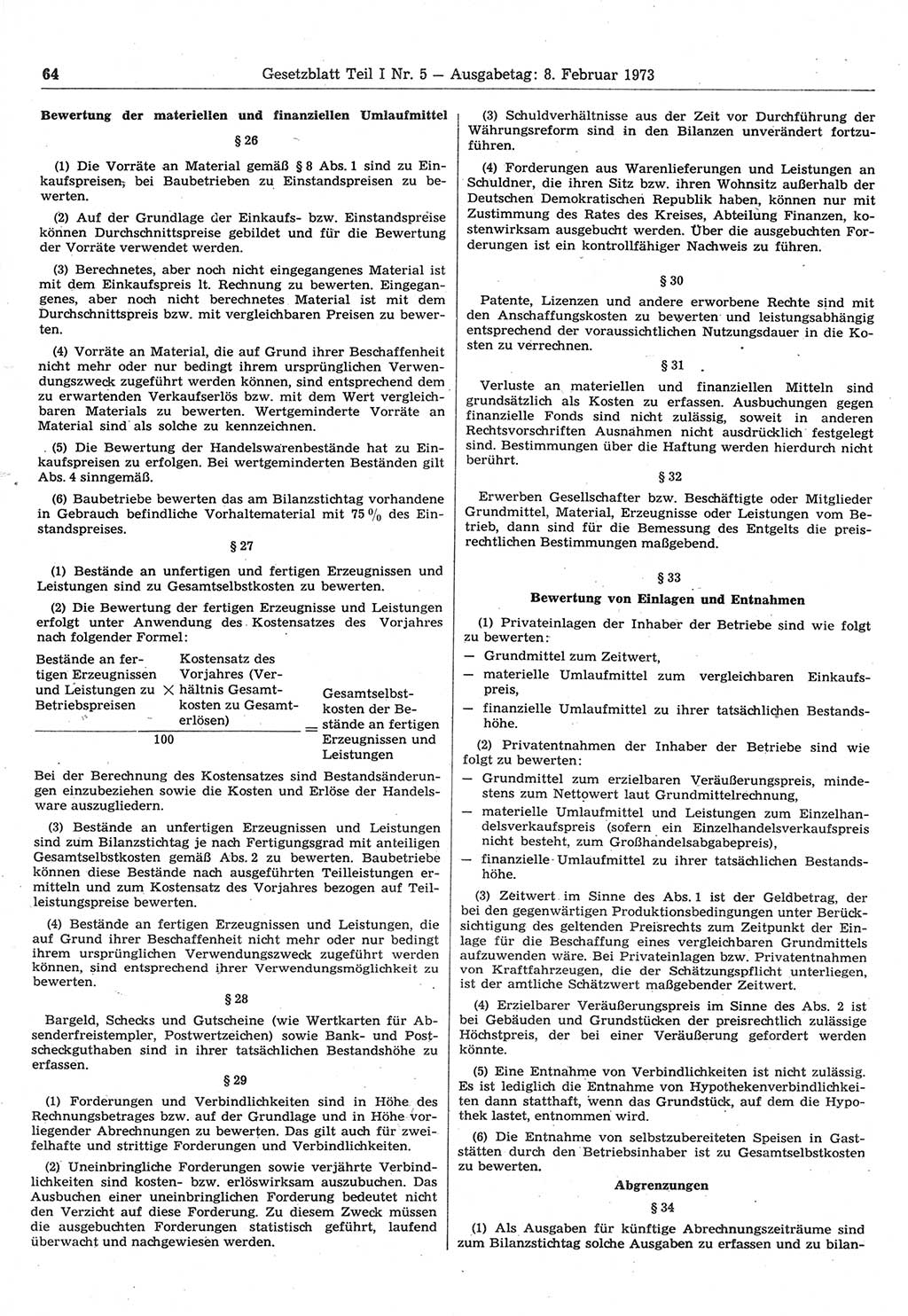 Gesetzblatt (GBl.) der Deutschen Demokratischen Republik (DDR) Teil Ⅰ 1973, Seite 64 (GBl. DDR Ⅰ 1973, S. 64)