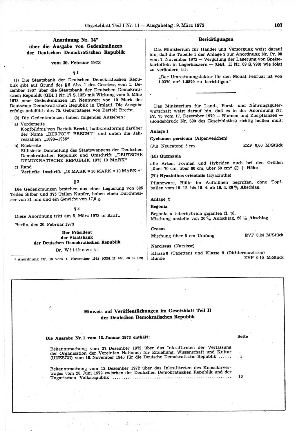Gesetzblatt (GBl.) der Deutschen Demokratischen Republik (DDR) Teil Ⅰ 1973, Seite 107 (GBl. DDR Ⅰ 1973, S. 107)