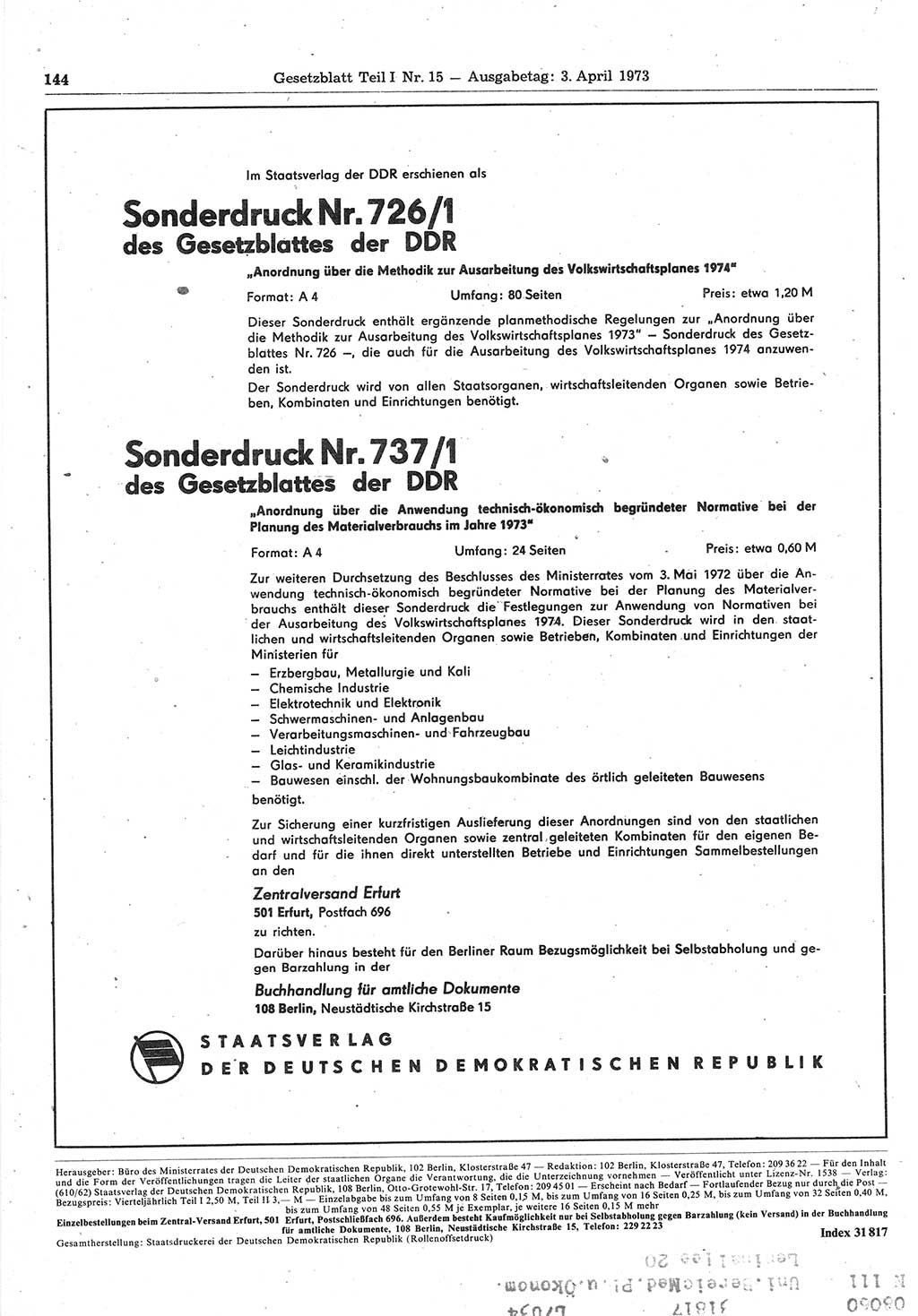 Gesetzblatt (GBl.) der Deutschen Demokratischen Republik (DDR) Teil Ⅰ 1973, Seite 144 (GBl. DDR Ⅰ 1973, S. 144)