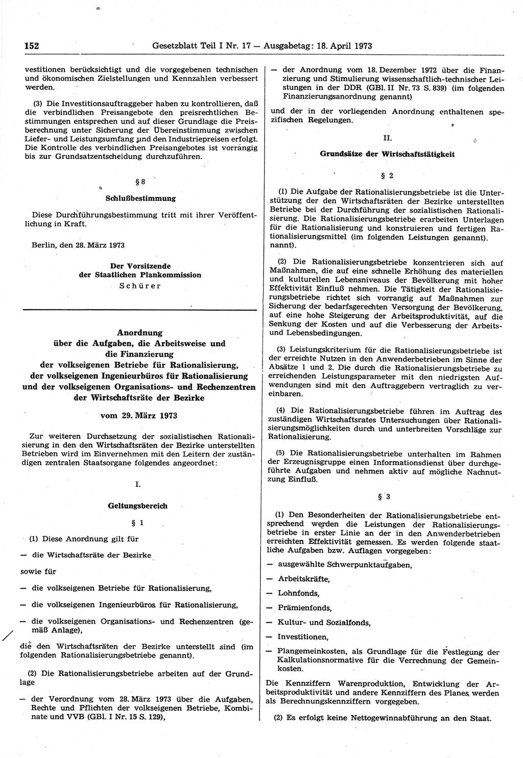 Gesetzblatt (GBl.) der Deutschen Demokratischen Republik (DDR) Teil Ⅰ 1973, Seite 152 (GBl. DDR Ⅰ 1973, S. 152)