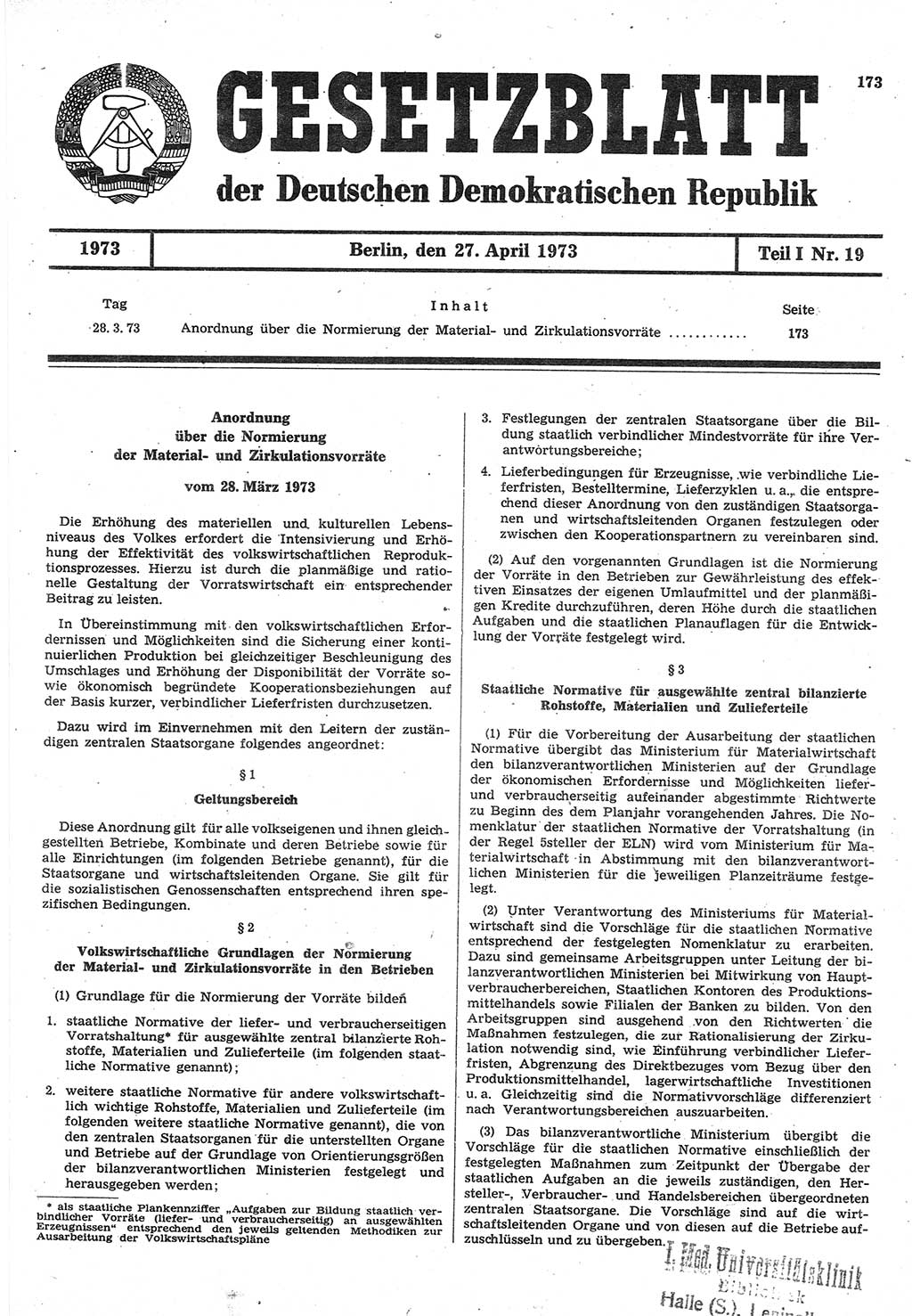 Gesetzblatt (GBl.) der Deutschen Demokratischen Republik (DDR) Teil Ⅰ 1973, Seite 173 (GBl. DDR Ⅰ 1973, S. 173)