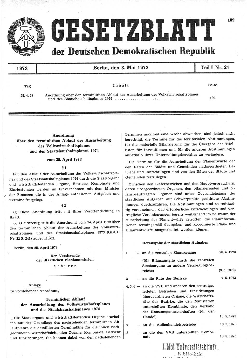 Gesetzblatt (GBl.) der Deutschen Demokratischen Republik (DDR) Teil Ⅰ 1973, Seite 189 (GBl. DDR Ⅰ 1973, S. 189)