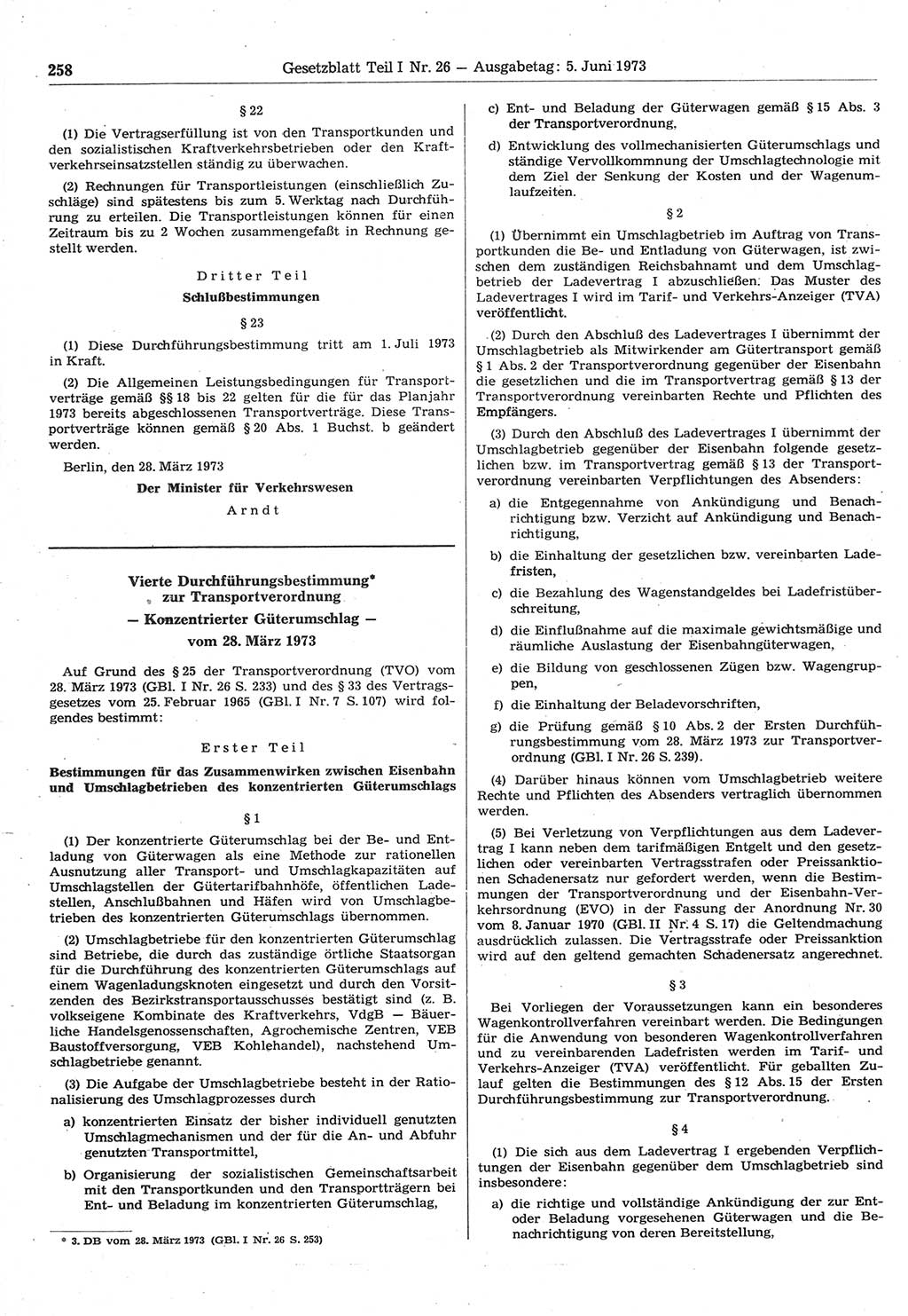 Gesetzblatt (GBl.) der Deutschen Demokratischen Republik (DDR) Teil Ⅰ 1973, Seite 258 (GBl. DDR Ⅰ 1973, S. 258)