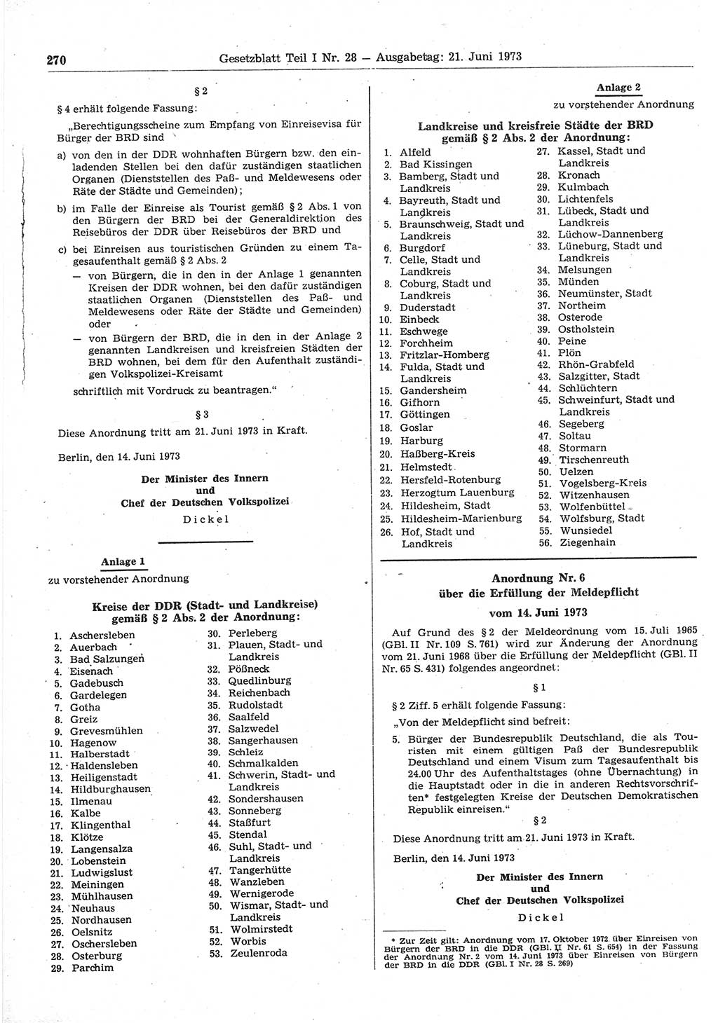Gesetzblatt (GBl.) der Deutschen Demokratischen Republik (DDR) Teil Ⅰ 1973, Seite 270 (GBl. DDR Ⅰ 1973, S. 270)