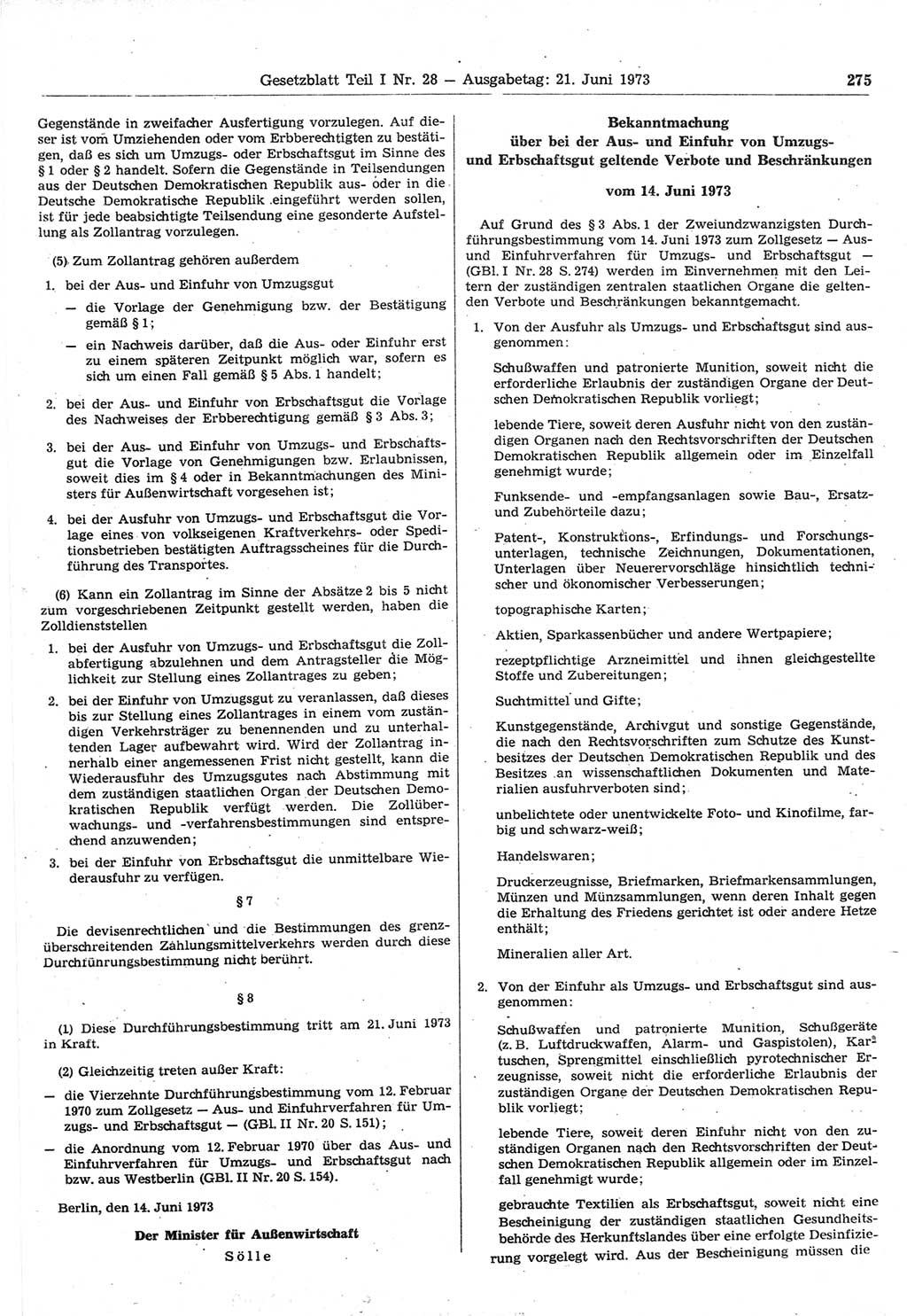 Gesetzblatt (GBl.) der Deutschen Demokratischen Republik (DDR) Teil Ⅰ 1973, Seite 275 (GBl. DDR Ⅰ 1973, S. 275)