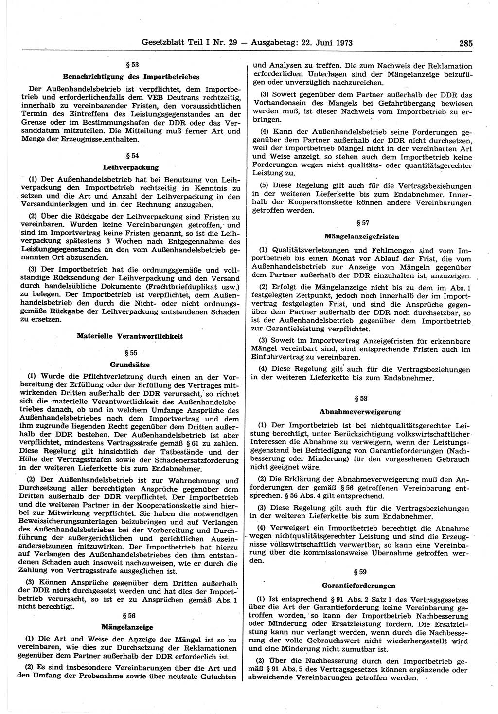 Gesetzblatt (GBl.) der Deutschen Demokratischen Republik (DDR) Teil Ⅰ 1973, Seite 285 (GBl. DDR Ⅰ 1973, S. 285)