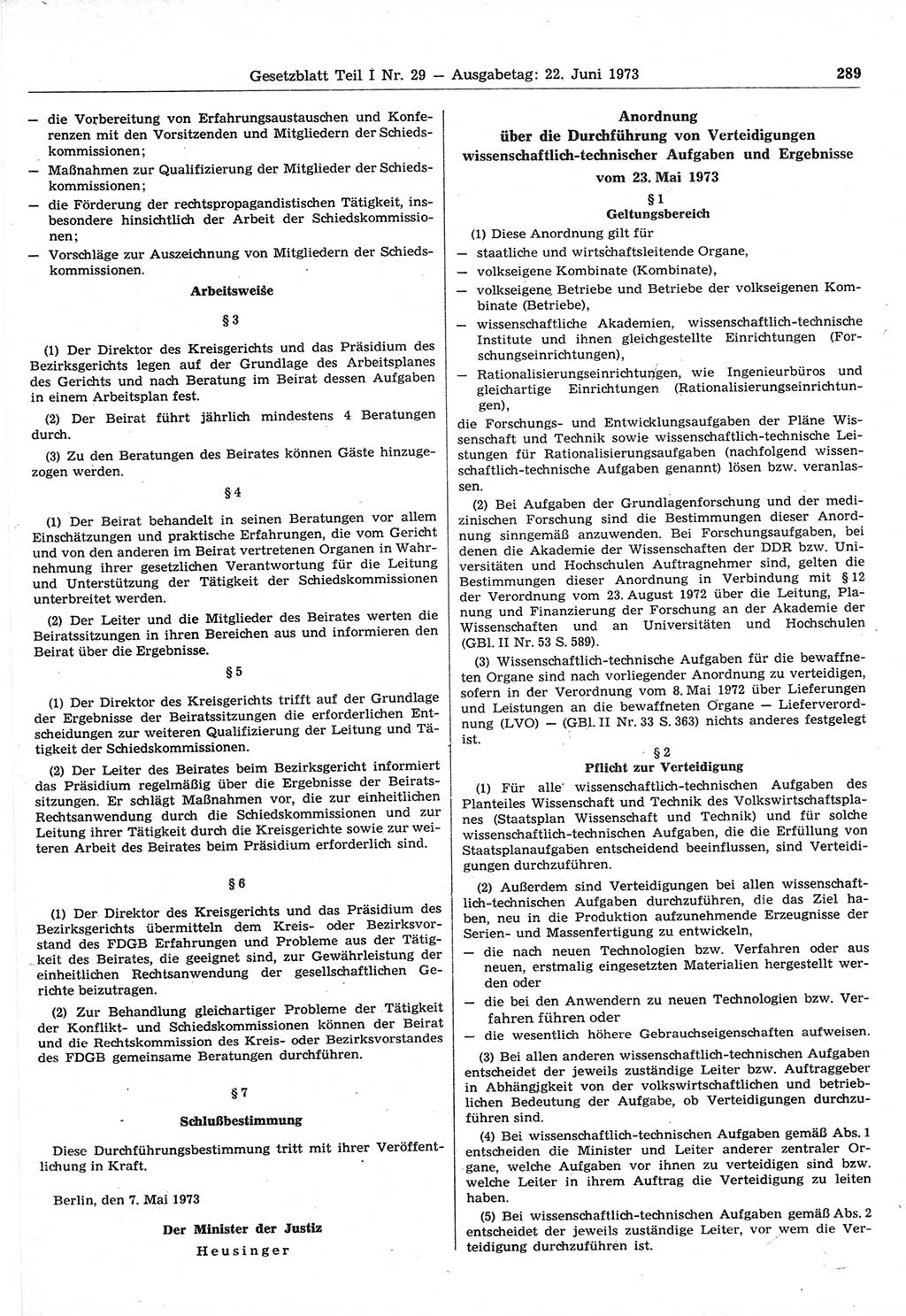 Gesetzblatt (GBl.) der Deutschen Demokratischen Republik (DDR) Teil Ⅰ 1973, Seite 289 (GBl. DDR Ⅰ 1973, S. 289)