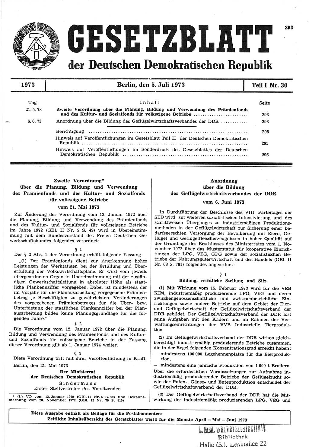 Gesetzblatt (GBl.) der Deutschen Demokratischen Republik (DDR) Teil Ⅰ 1973, Seite 293 (GBl. DDR Ⅰ 1973, S. 293)