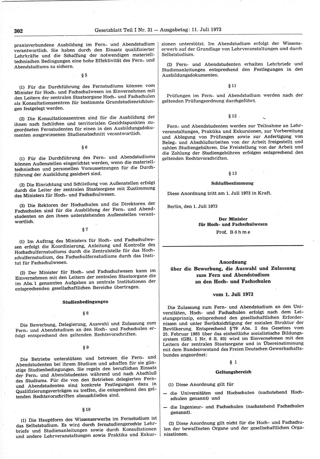 Gesetzblatt (GBl.) der Deutschen Demokratischen Republik (DDR) Teil Ⅰ 1973, Seite 302 (GBl. DDR Ⅰ 1973, S. 302)