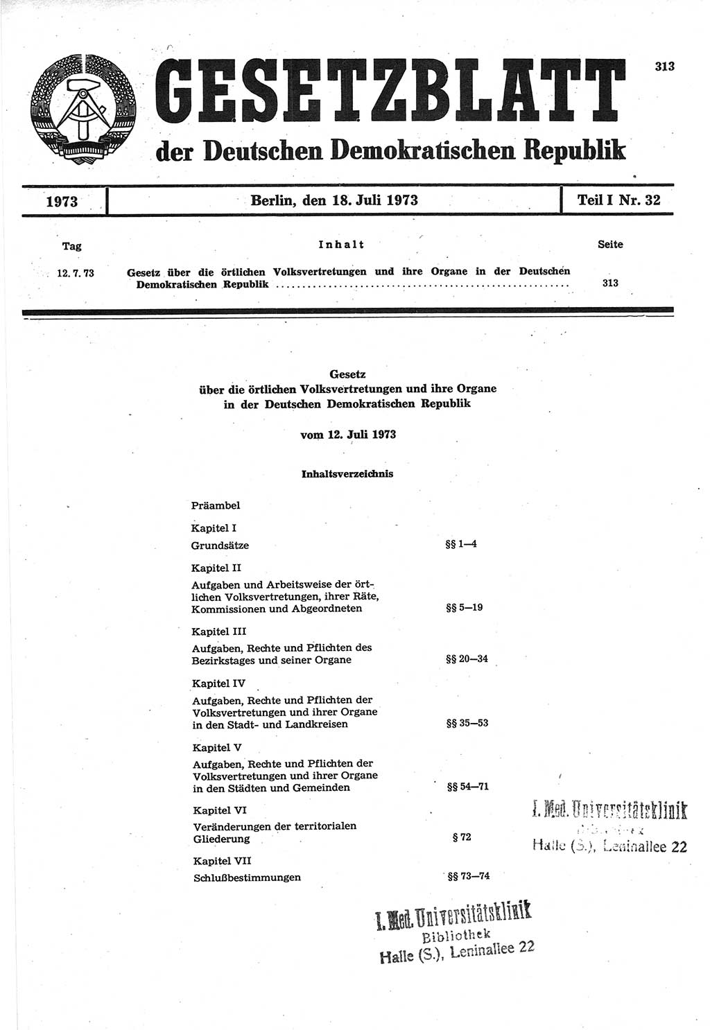Gesetzblatt (GBl.) der Deutschen Demokratischen Republik (DDR) Teil Ⅰ 1973, Seite 313 (GBl. DDR Ⅰ 1973, S. 313)