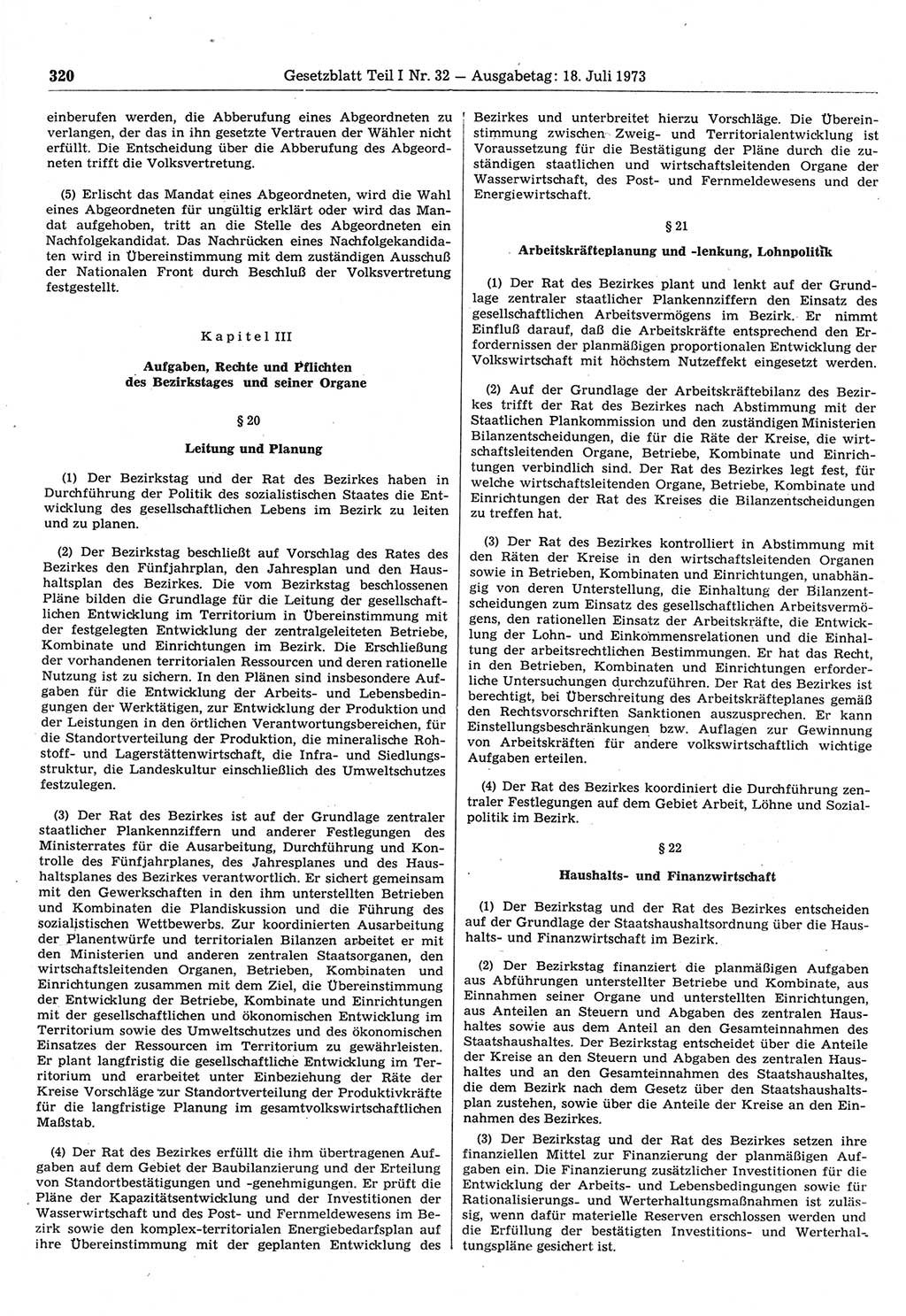 Gesetzblatt (GBl.) der Deutschen Demokratischen Republik (DDR) Teil Ⅰ 1973, Seite 320 (GBl. DDR Ⅰ 1973, S. 320)