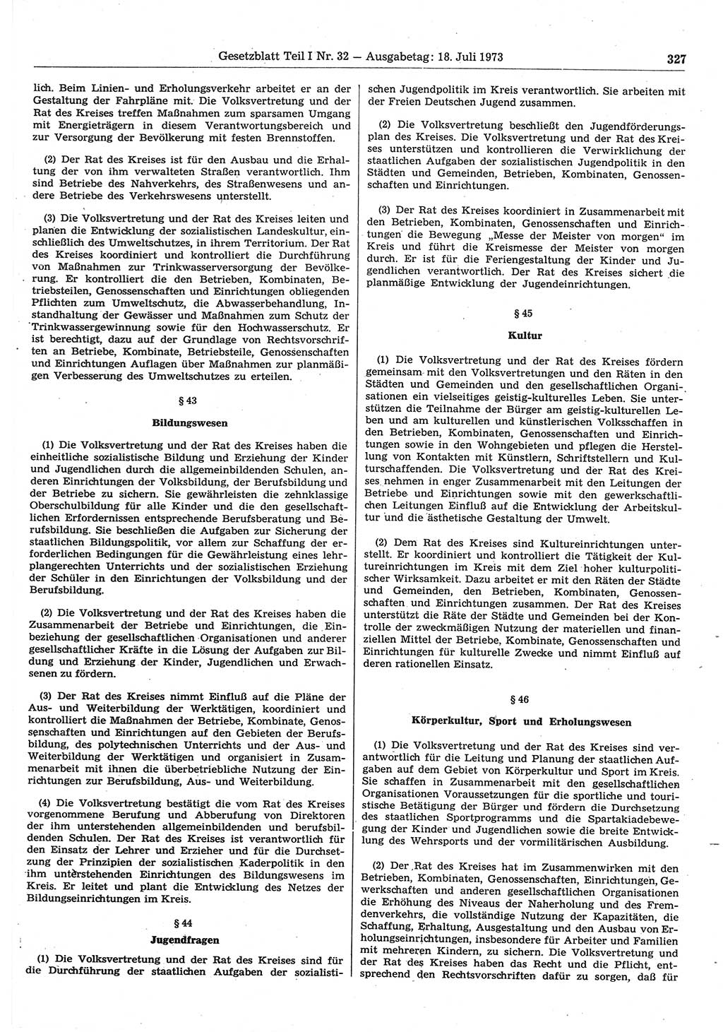 Gesetzblatt (GBl.) der Deutschen Demokratischen Republik (DDR) Teil Ⅰ 1973, Seite 327 (GBl. DDR Ⅰ 1973, S. 327)