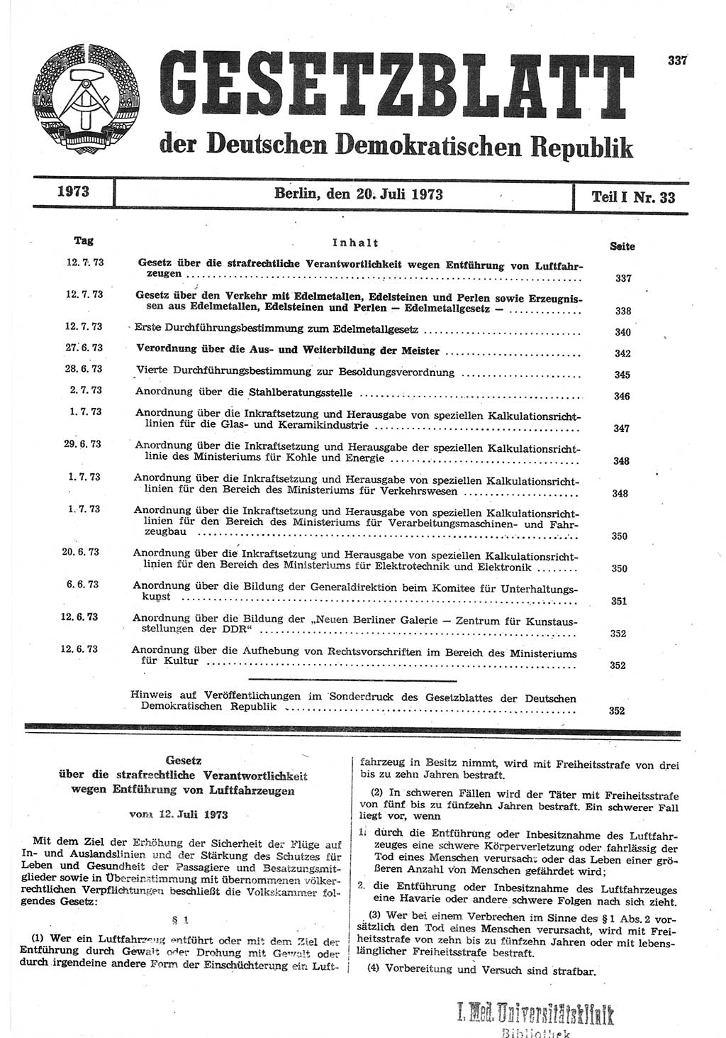 Gesetzblatt (GBl.) der Deutschen Demokratischen Republik (DDR) Teil Ⅰ 1973, Seite 337 (GBl. DDR Ⅰ 1973, S. 337)