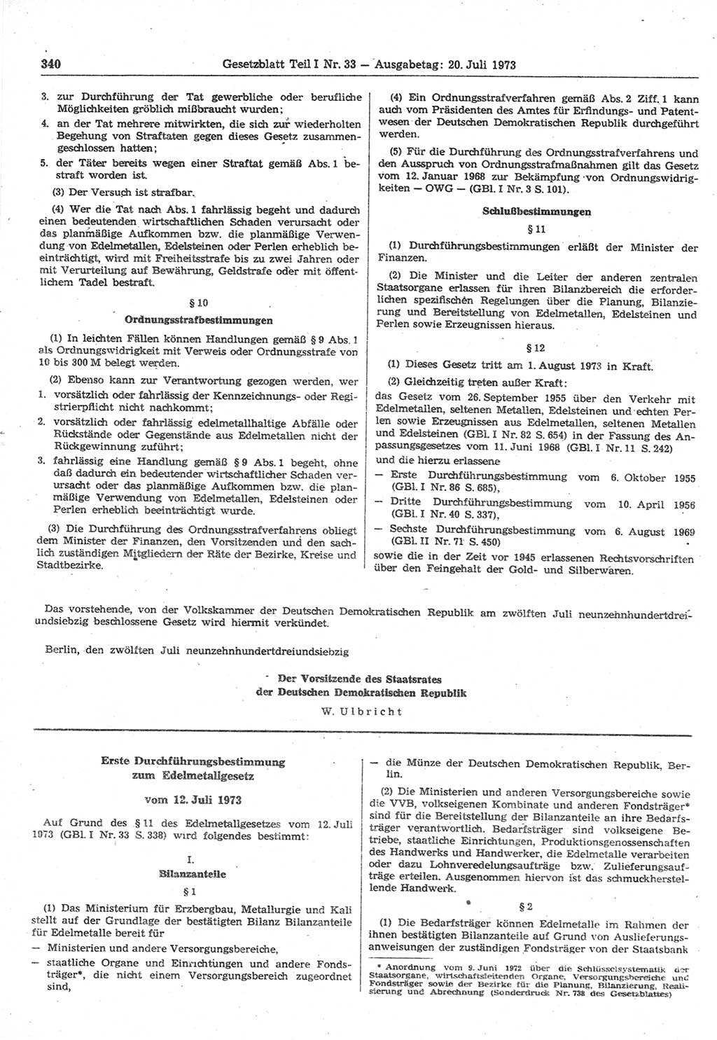 Gesetzblatt (GBl.) der Deutschen Demokratischen Republik (DDR) Teil Ⅰ 1973, Seite 340 (GBl. DDR Ⅰ 1973, S. 340)