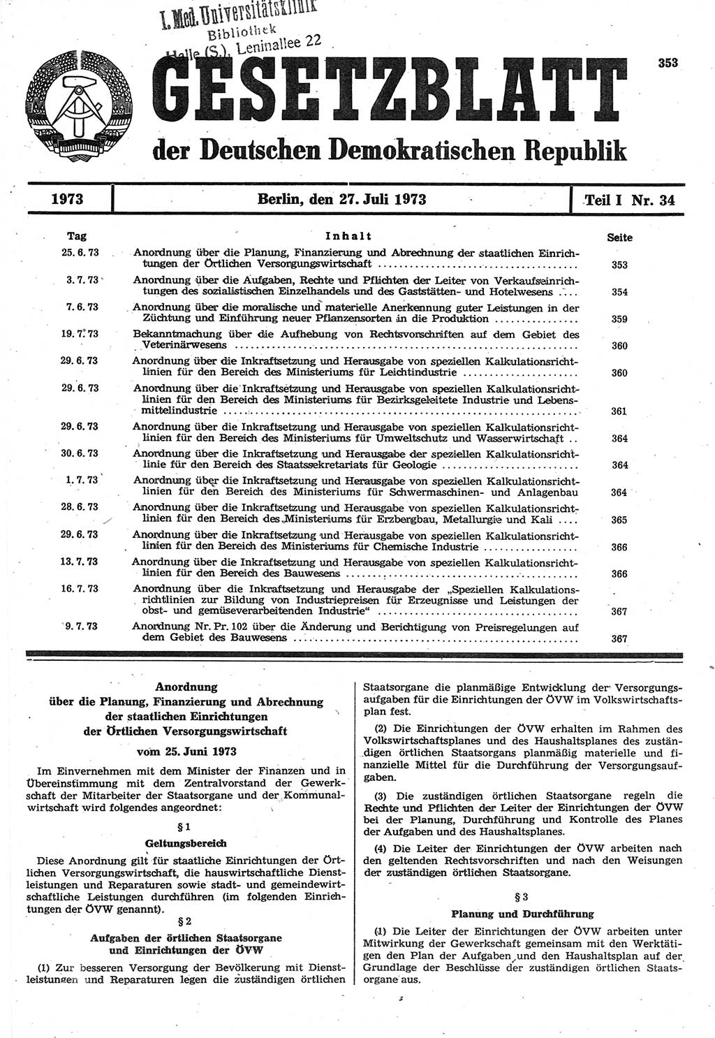 Gesetzblatt (GBl.) der Deutschen Demokratischen Republik (DDR) Teil Ⅰ 1973, Seite 353 (GBl. DDR Ⅰ 1973, S. 353)