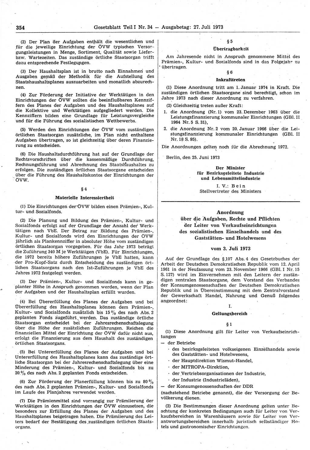 Gesetzblatt (GBl.) der Deutschen Demokratischen Republik (DDR) Teil Ⅰ 1973, Seite 354 (GBl. DDR Ⅰ 1973, S. 354)