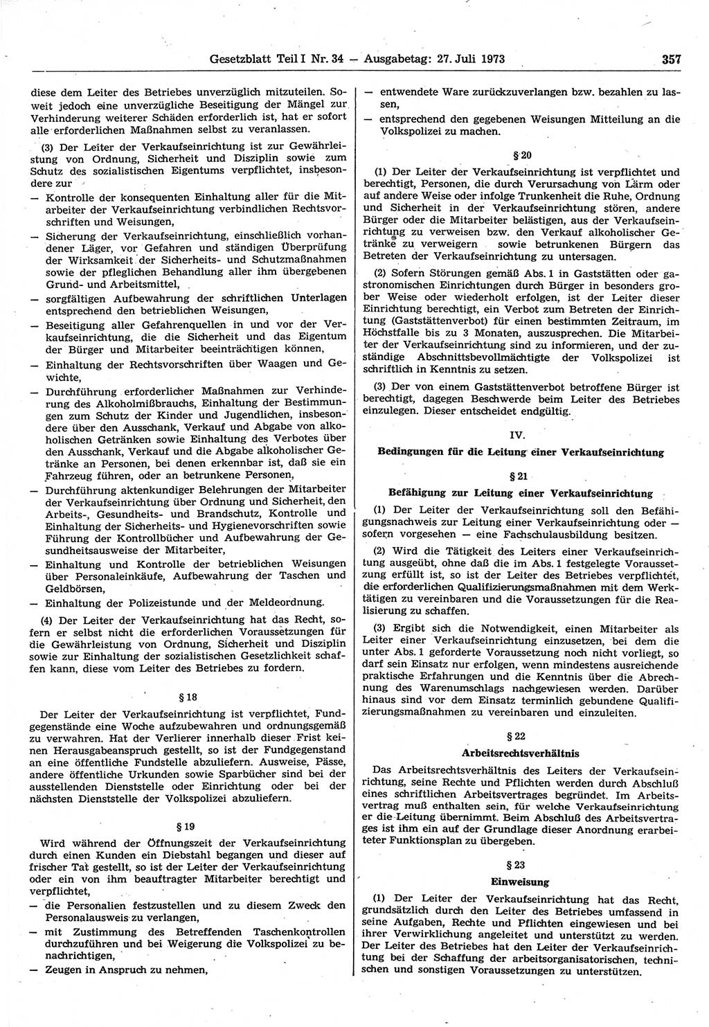 Gesetzblatt (GBl.) der Deutschen Demokratischen Republik (DDR) Teil Ⅰ 1973, Seite 357 (GBl. DDR Ⅰ 1973, S. 357)