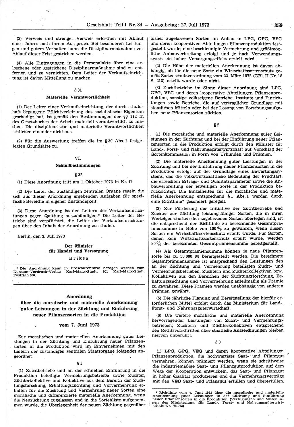 Gesetzblatt (GBl.) der Deutschen Demokratischen Republik (DDR) Teil Ⅰ 1973, Seite 359 (GBl. DDR Ⅰ 1973, S. 359)