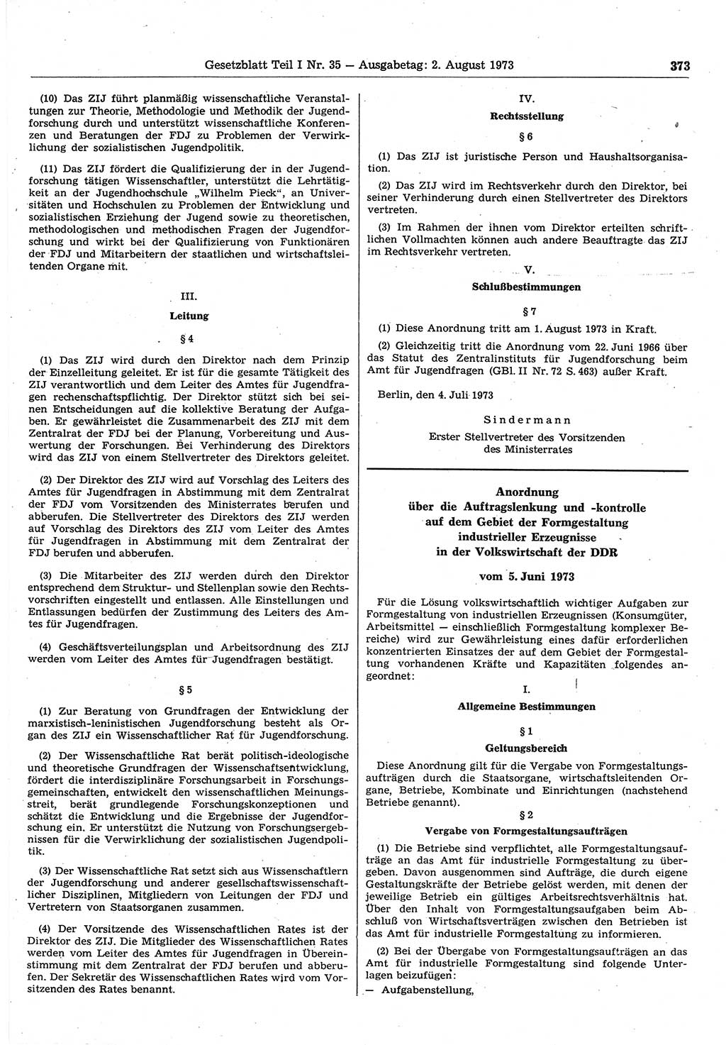 Gesetzblatt (GBl.) der Deutschen Demokratischen Republik (DDR) Teil Ⅰ 1973, Seite 373 (GBl. DDR Ⅰ 1973, S. 373)