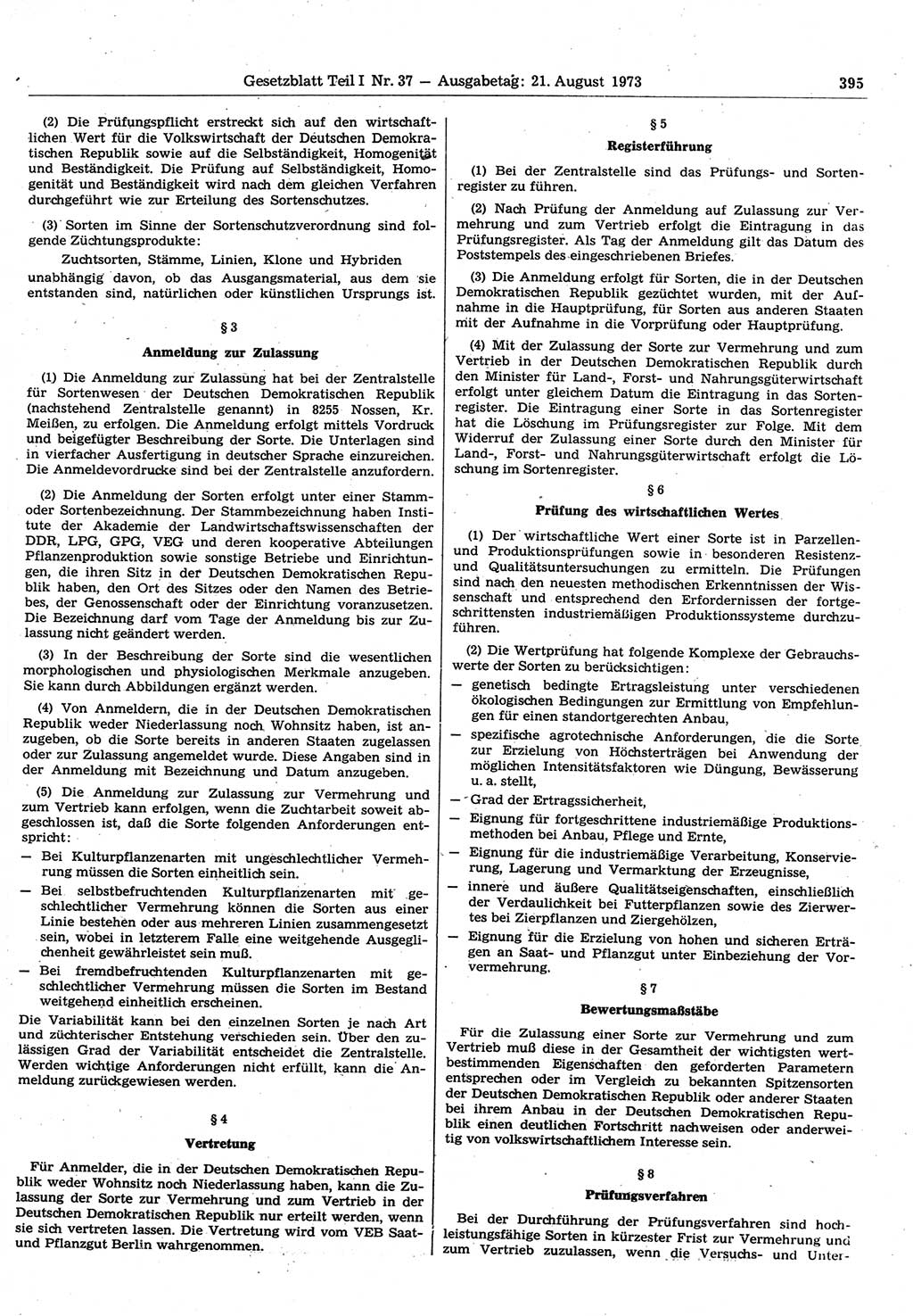 Gesetzblatt (GBl.) der Deutschen Demokratischen Republik (DDR) Teil Ⅰ 1973, Seite 395 (GBl. DDR Ⅰ 1973, S. 395)