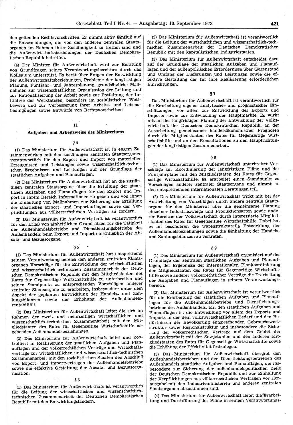 Gesetzblatt (GBl.) der Deutschen Demokratischen Republik (DDR) Teil Ⅰ 1973, Seite 421 (GBl. DDR Ⅰ 1973, S. 421)