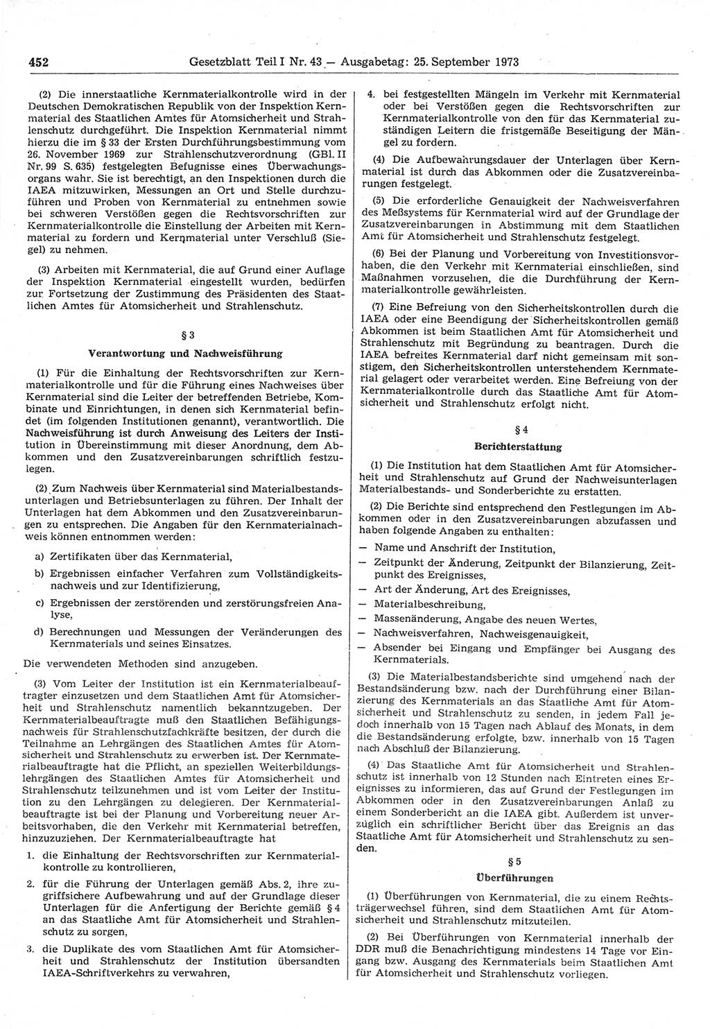 Gesetzblatt (GBl.) der Deutschen Demokratischen Republik (DDR) Teil Ⅰ 1973, Seite 452 (GBl. DDR Ⅰ 1973, S. 452)