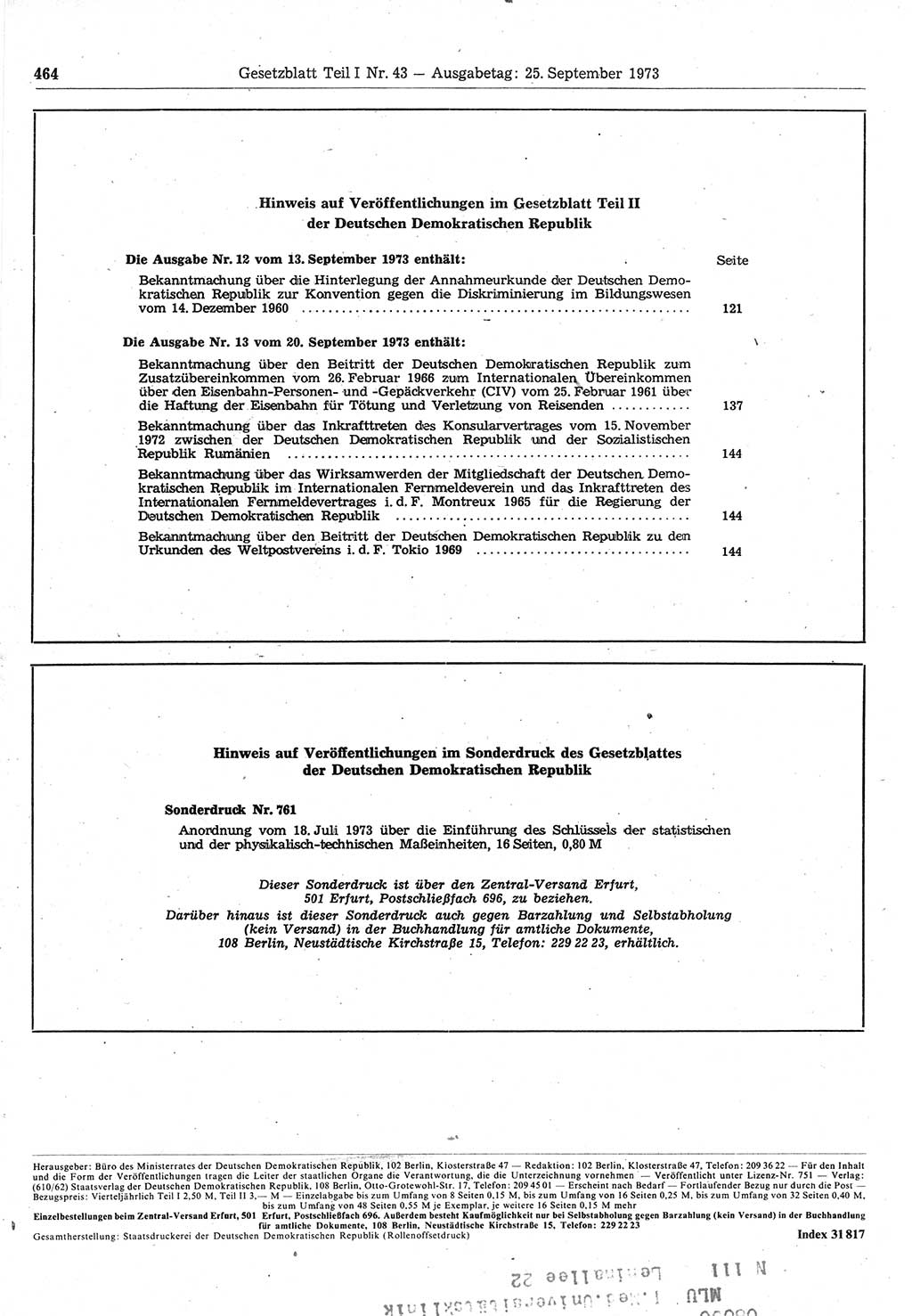 Gesetzblatt (GBl.) der Deutschen Demokratischen Republik (DDR) Teil Ⅰ 1973, Seite 464 (GBl. DDR Ⅰ 1973, S. 464)