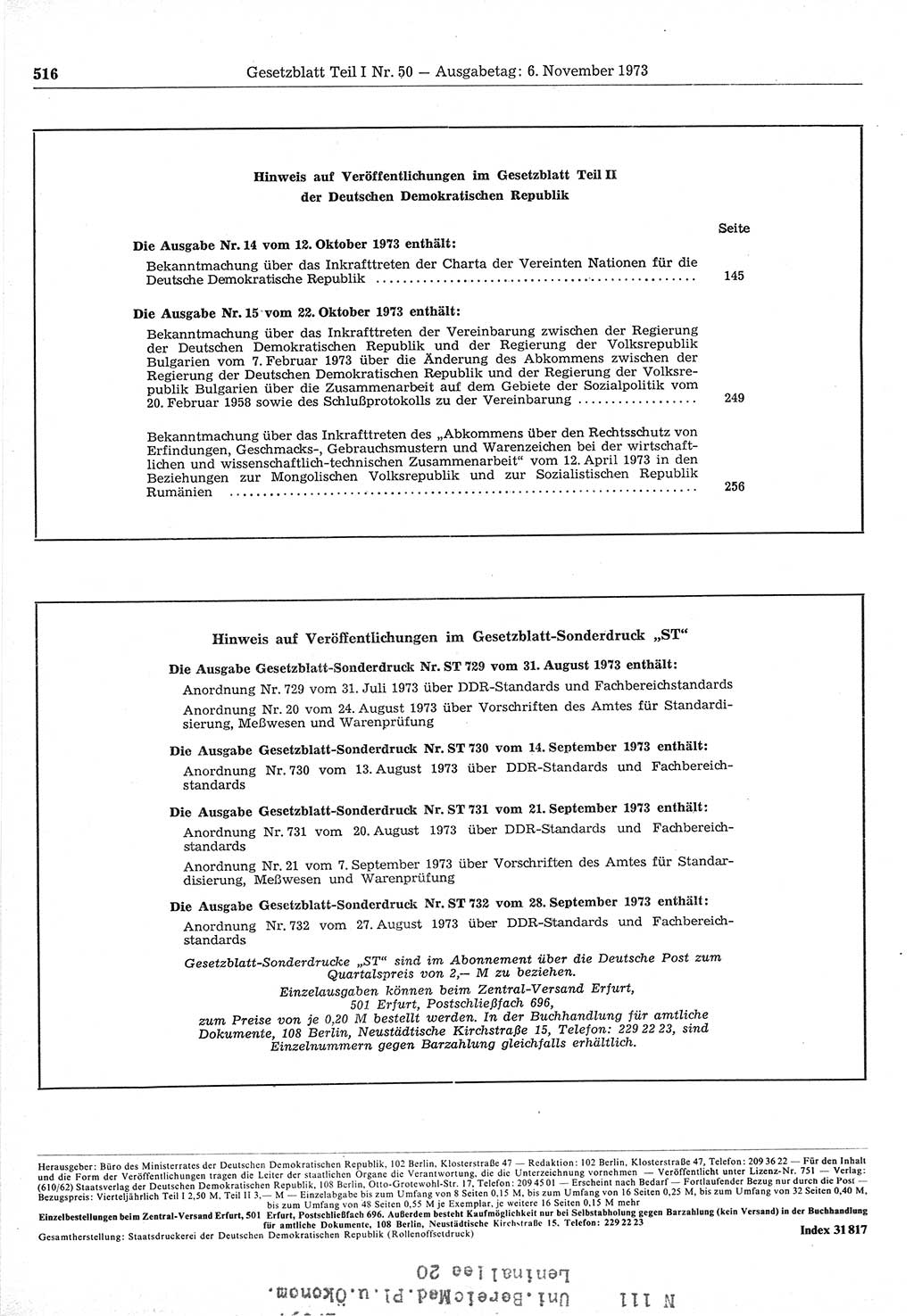 Gesetzblatt (GBl.) der Deutschen Demokratischen Republik (DDR) Teil Ⅰ 1973, Seite 516 (GBl. DDR Ⅰ 1973, S. 516)