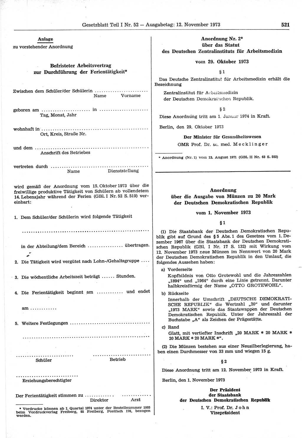 Gesetzblatt (GBl.) der Deutschen Demokratischen Republik (DDR) Teil Ⅰ 1973, Seite 521 (GBl. DDR Ⅰ 1973, S. 521)