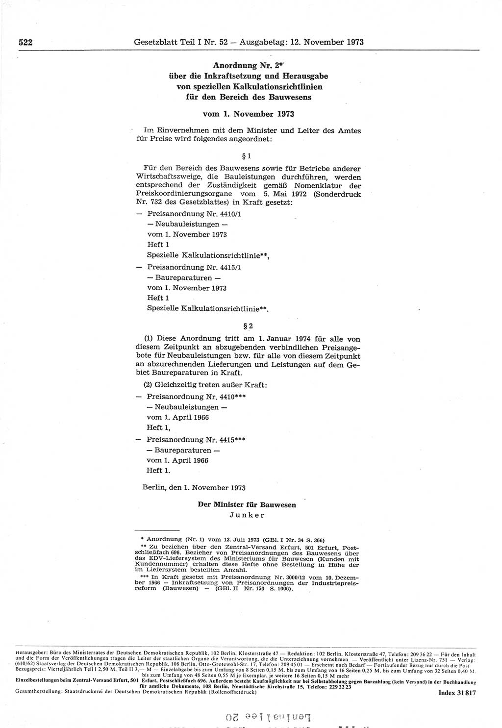 Gesetzblatt (GBl.) der Deutschen Demokratischen Republik (DDR) Teil Ⅰ 1973, Seite 522 (GBl. DDR Ⅰ 1973, S. 522)